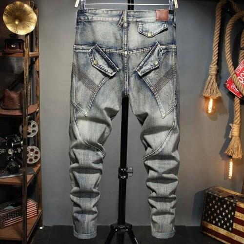 Personality Patchwork Mens Motorcycle Jeans Retro Scratched Slim Casual Pencil Pants Male Streetwear Elastic Bikers Denim Pants