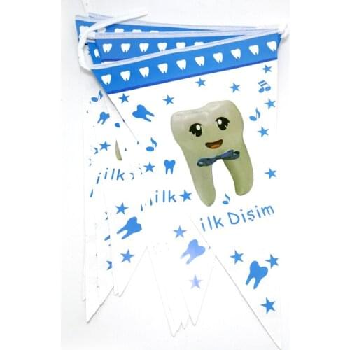 Blue First Tooth Bunting Boys Favors Happy Birthday Paper Flags Baby Shower Party DIY Hanging Banner Decorate Pennants 1set/lot