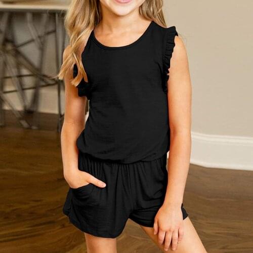 Summer 2021 New Children Kids Girl Sets Sleeveless Solid Ruffles Romper Jumpsuit With Side Pockets Fashion Children Girl Clothes