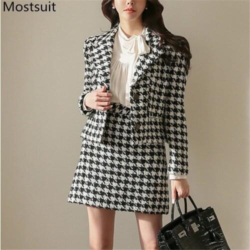 Hounstooth Wool&blend Two Piece Skirt Suits Sets Women Full Sleeve Blazer + Mini A-line Skirt Outfits Korean Elegant Ladies Set