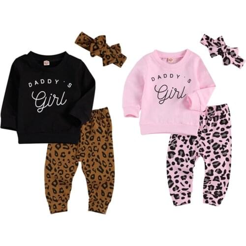 Infant Kids Baby Girls 3Pcs Outfit Sets Long Sleeve Letter T Shirt Leopard Pants Headband Spring Autumn Clothing