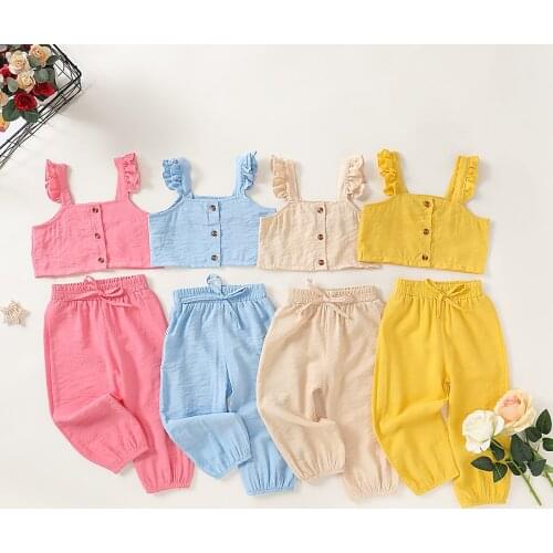 Toddler Kids Baby Girls Clothing Set Solid Color Crop Top Long Pant Girl Ruffle Sleeveless Tops Pants 2pcs Outfits Clothes 1-6Y