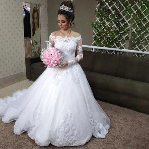 Long Lace Sleeve Wedding Dresses Ball Gown Off The Shoulder Sexy Bridal Dress Appliques Lace Illusion Back Wedding Gowns