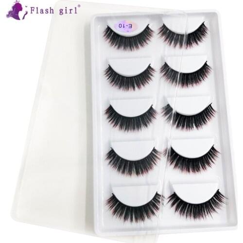 Flash Girl Natural 5 Pairs Mink Lashes Plastic Black Terrier Long Thick False Eyelashes Hand Made with Clear Band Makeup