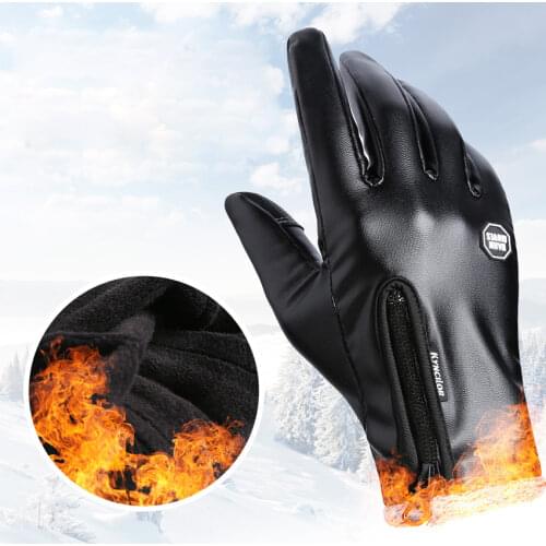 Autumn Winter Men Gloves Outdoor Windproof Waterproof Zipper Leather Gloves Touch Screen Velvet Warm Gloves Motorcycle Riding