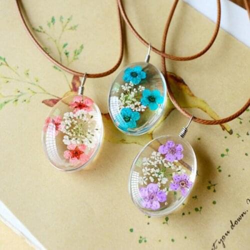 1PC Handmade Oval Shaped Real Dried Flowers Pendant Necklaces Dry Flower Plants Jewelry Wax Rope Necklaces For Women