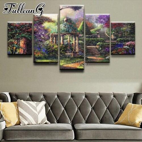FULLCANG Garden scenery pavilion 5 piece diy diamond painting full square round drill mosaic embroidery sale home decor FC3104