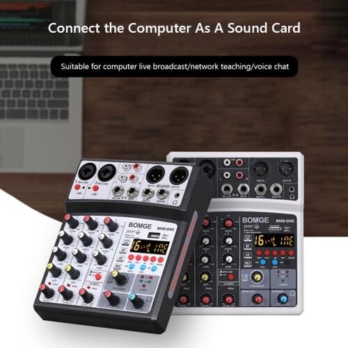 4 Channels Audio Sound Mixer Mixing DJ Console Bluetooth-compatible USB Record Sound Card USB Phantom Power for Recording Party