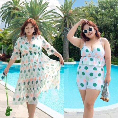 Plus Size Tankini 2021 Swimsuits Women 3 Pcs Bikini Sets Dot High Waist Swimwear 6XL Ladies Mesh Long Swim Beach Dress Cover Ups