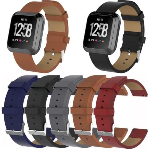 MASiKEN Genuine Leather Classic Stainless Steel Buckle Wrist Band Watch Strap for Fitbit Versa Smart Watch