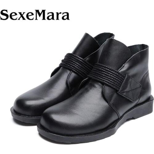 SexeMara Spring Autumn Luxury Designer Womens Ankle Boots Round Toe Genuine leather Female Flat Boots Ladies Casual Shoes
