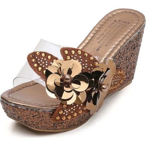 Platform slippers wedge slides slippers women summer shoes beach sandals slippers ladies shoes with heels pearl flower 2020