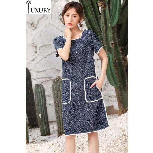 Style 2020 Summer Fashion Denim High Quality Women Color Block Striped Patchwork Short Sleeve Casual Blue Jeans Dress