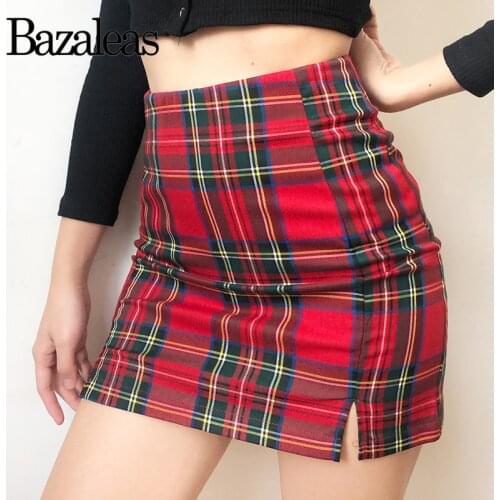 Streetwear Women A-lin Skirt Red Tartan Skirts Split Skirt Sexy plaid Vintage Fashion High Waist Mini skirts womens Casual