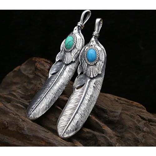 S925 Sterling Silver Jewelry Retro Thai Silver Inlaid Turquoise Edition Handmade Feather Pendant for Men and Women