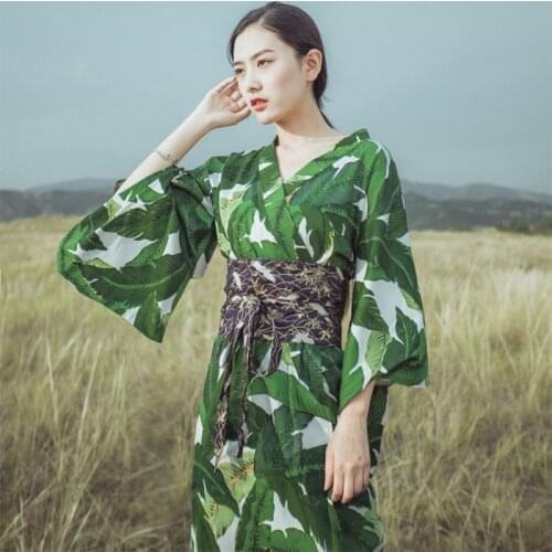 Green kimono female yukata women haori Japan geisha costume obi Japanese kimono traditional dress cosplay TA444 Y