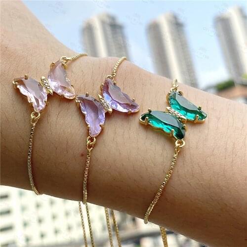 2021 New Arrival Crystal Butterfly Bracelet Femme Copper Gold Color Chain Charm Bracelets for Women Girls Jewelry