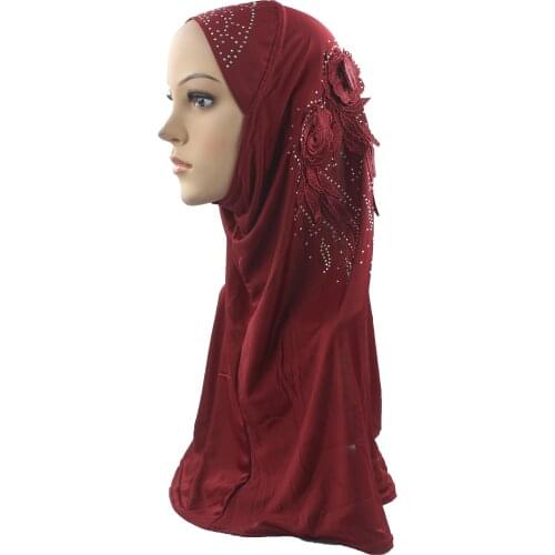 Muslim Women Girls Hijab Amira Headscarf Ice Silk Material Beautiful Embroidery Two Flowers Diamond Wholesale