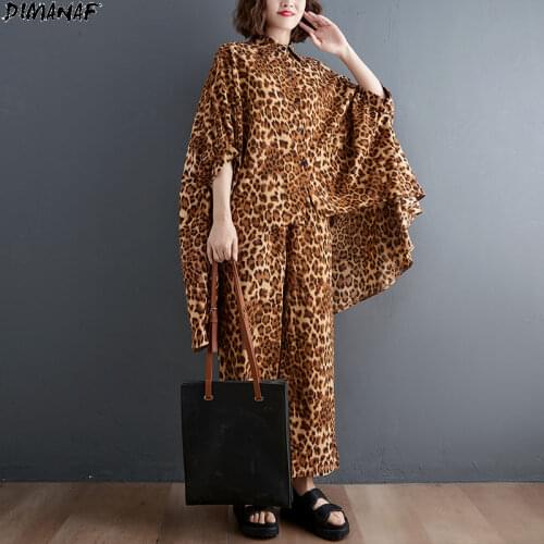 DIMANAF Plus Size Women Blouse Leopard Two Piece Set Shirts Bat Sleeve Summer Chiffon Tops Suit Loose Casual Female Oversize 4XL