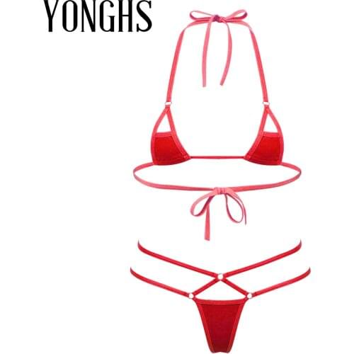 Womens Erotic Sexy Lingerie Micro Bikini Suit Strappy Bikini Set Sexy Nightwear Halter Neck Bras Tops Strappy T-back Underwear