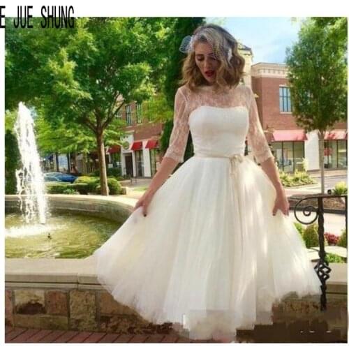 E JUE SHUNG Short Wedding Dress Half Sleeves Crew Neck Simple Tulle Boho Wedding Gowns Cheap Bridal Gown Vestido De Noiva
