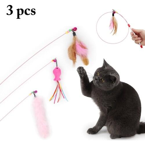 3PCS New High Toughness Two-Color Feather Wire Funny Cat Stick Toy Solid Color Long Feather Interactive Feather Cat Training Toy