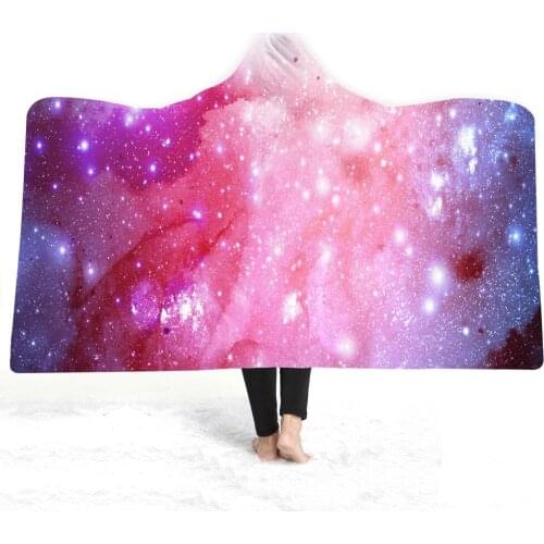 3D Star Universe Hooded Blanket Sherpa Fleece Ocean Blue Wearable Plush Throw Blanket on Bed Sofa Thick Warm Throw Blanket