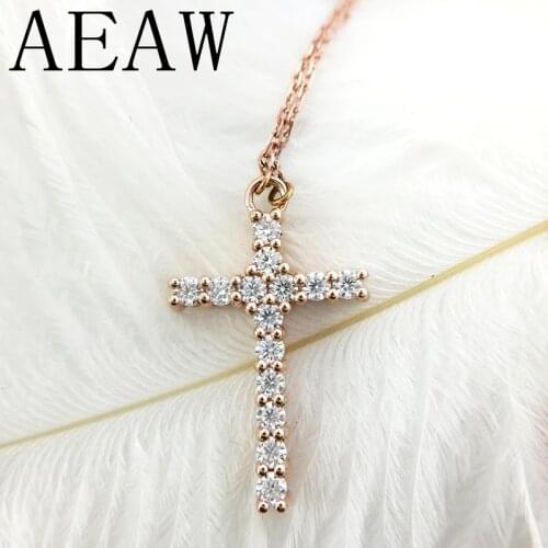 AEAW Solid 14K Rose Gold Lab Grown Moissanite 1ctw Diamond Cross Pendant Necklace For Women