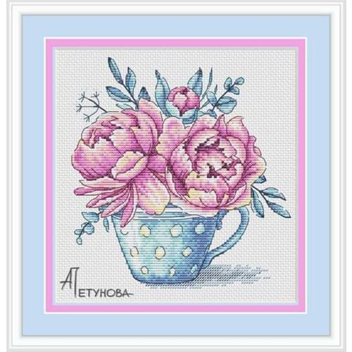 Peony tea cup flower patterns counted 11CT 14CT DIY Cross Stitch Sets Chinese Cross-stitch Kits Embroidery Needlework
