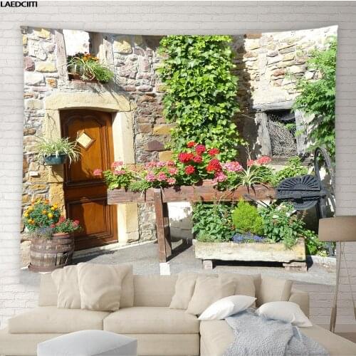 Rural Scenery Tapestry Green Plants Flower Vines Retro Stone Street Background Wall Hanging Cloth Living Room Bedroom Home Decor