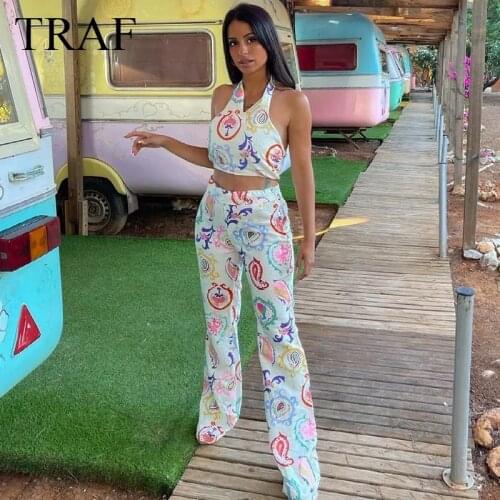 TRAF ZA Womens Clothing 2021 Trouser Suits Sexy Fashion Color Print Tank Tops Chic Vintage High Waist Trousers Women Outfit