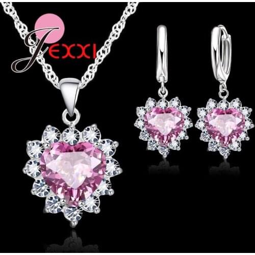 Fashion Heart Shaped Crystal Pendant 925 Sterling Silver Necklace Loop Earring Wedding Jewelry Sets Blue Zircon Accessory