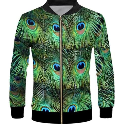 UJWI Zip Jacket Man Personality New Tops 3D Printed Green peacock feather Casual Plus Size 5XL Garment Mens Winter Coat