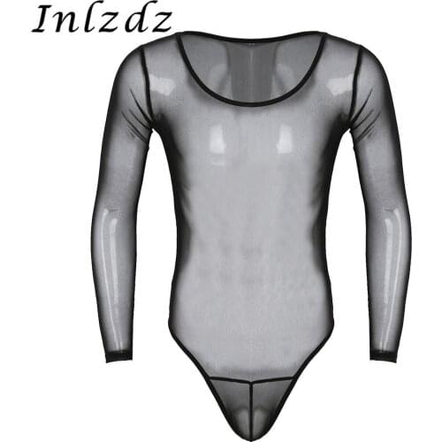 Mens Erotic Lingerie See Through Mesh Bodysuit Long Sleeve Scoop Neck High Cut Sex Bodysuit Hot Sexy Transparent Nightwear