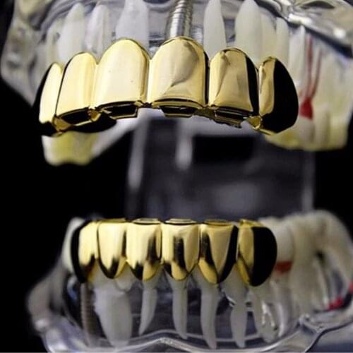 New Fashion Jewelry Punk Party Pure Gold Color Plated HIP HOP Teeth Grillz Top Bottom Grill Set with Silicone Teeth Ship From US