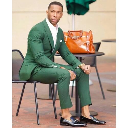 New Arrival Green Peak Lapel Costume Homme Men Suits Wedding Prom Terno Masculino Slim Groom Tuxedos Blazer 2 Pieces Jacket Pant