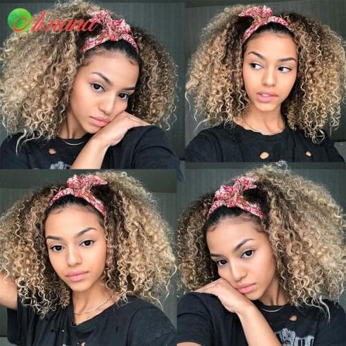 Headband Wig #1B/27 Spiral Curly Beginner Friendly Glueless Scarf Remy Human Hair Wigs For Women Peruvian Blonde Kinky Curly