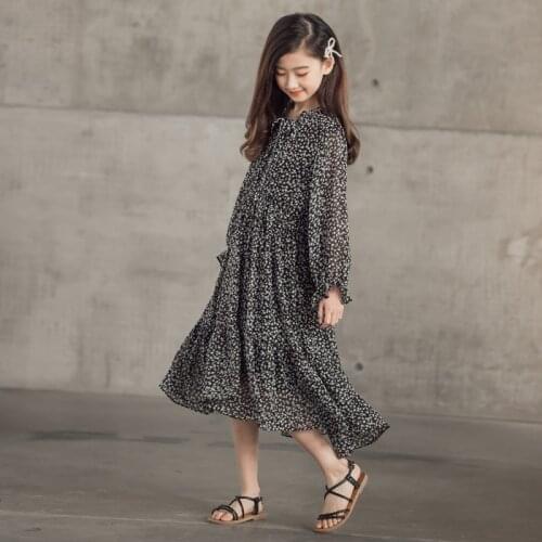 Girls Floral Midi Dress Autumn Children Clothing 2021 New Bow Chiffon Baby Dresses with Lining Teen Kids Clothes Ruffles,#6040