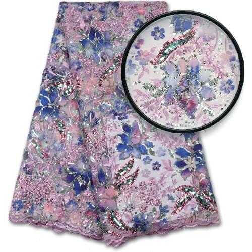 2020 Sequin Chiffon Lace Fabric Mesh Purple Color African Embroidery Sequence Nigerian French Party Latest Aso-ebi Tulle