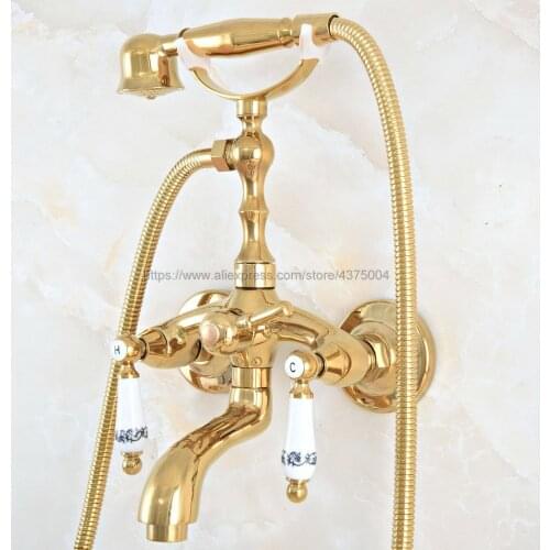 Bathtub Faucets Luxury Gold Color Brass Shower Faucet Set Ceramic Handle Handheld Rain Shower Head Faucet Mixer Tap Nna819