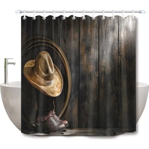 72'' Bathroom Waterproof Fabric Shower Curtain 12 Hooks Bath Accessory Sets American West Cowboy Felt Hat On Boots In Wood Cabin