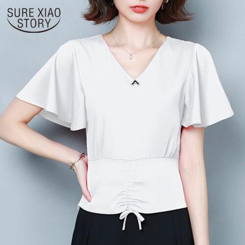 2021 Summer New Plus Size Women Shirt Fashion Short Sleeve V-neck Waist Hugging Chiffon Blouse Women White Blouse Blusas 9047 50