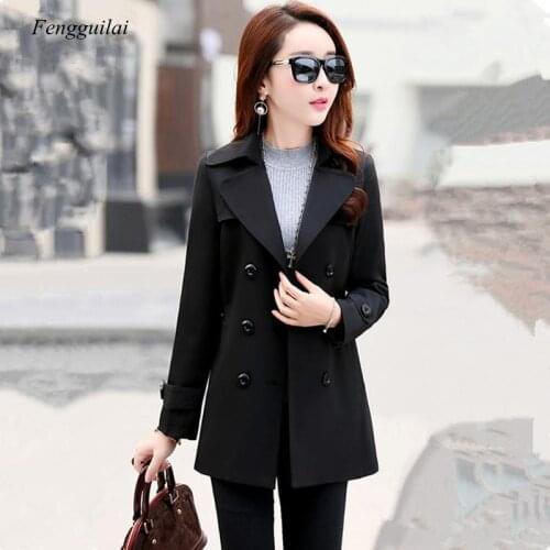 Spring and Autumn Womens Windbreaker Fashion Belt Double-Breasted Autumn Windbreaker Womens Solid Color All-Match Casual Short