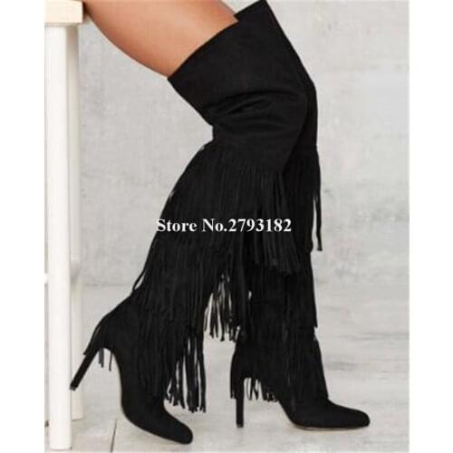Ladies Sexy Pointed Toe White Black Camel Suede Leather Long Tassels Super Thin Heel Over Knee Boots Fringed High Heel Long Boot
