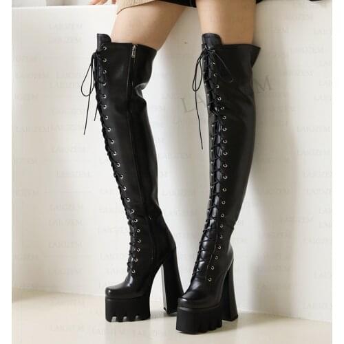LAIGZEM Women Over Knee Boots Full Zip Up Block High Heels Front Lace Up Boots Tall Cosplay Ladies Shoes Woman Big Size 35 41 43