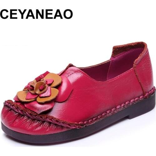 CEYANEAO Women flats New Genuine Leather Flats Shoes Woman National Style Handmade Soft Driving Shoes Ladies Shoes Women Loafers
