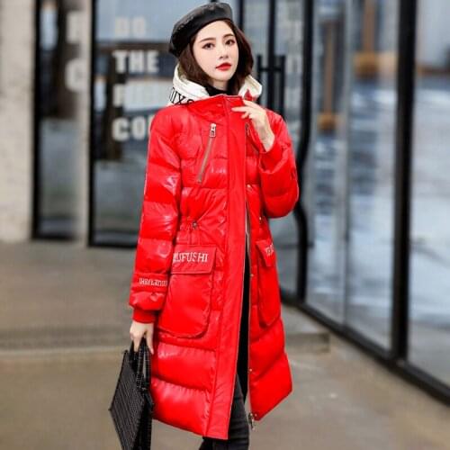 Winter Red Splicing Coat Womens New Fashion Glossy Down Jackets For Woman Warm Hooded Jacket Large Size Cotton Coats Female