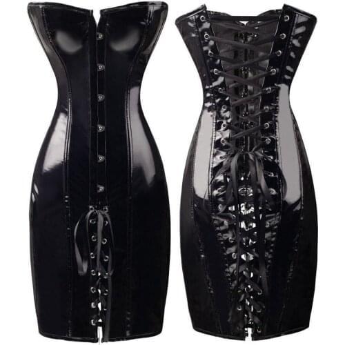 Women Sexy Corset PVC Dress Gothic Steampunk Nightclub Club Bar Wet Look Lace Back Bustiers Mini Dress