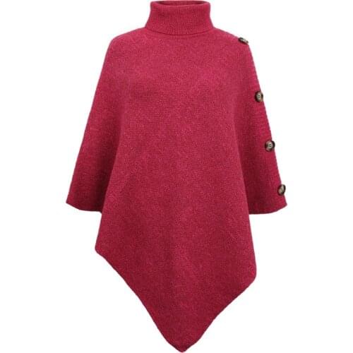 2021 Autumn Winter Holiday Vintage Cape Button Batwing Sleeve Poncho Women Sweater Oversized Turtleneck Jumper Knitwear