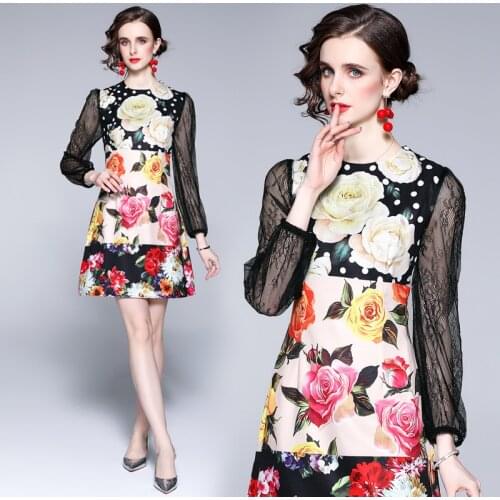 Women Long Sleeve Mesh Lace Stitching Floral Print Vintage Loose Mini A Line Party Vestidos Elegant Rose Flower Dress 6067